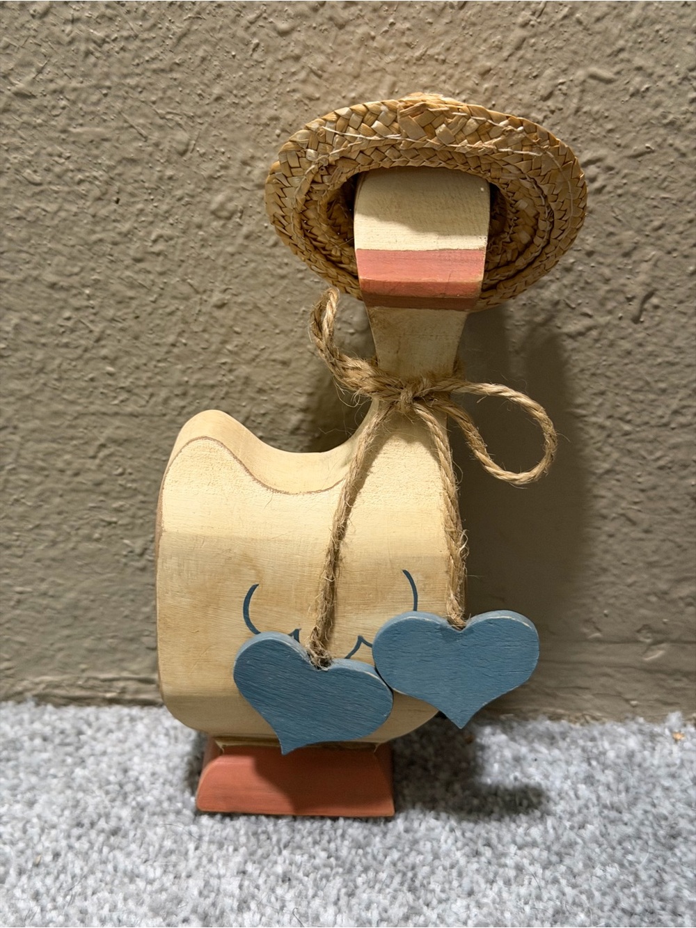 Rustic Hand Carved and Painted Goose with Blue Hearts